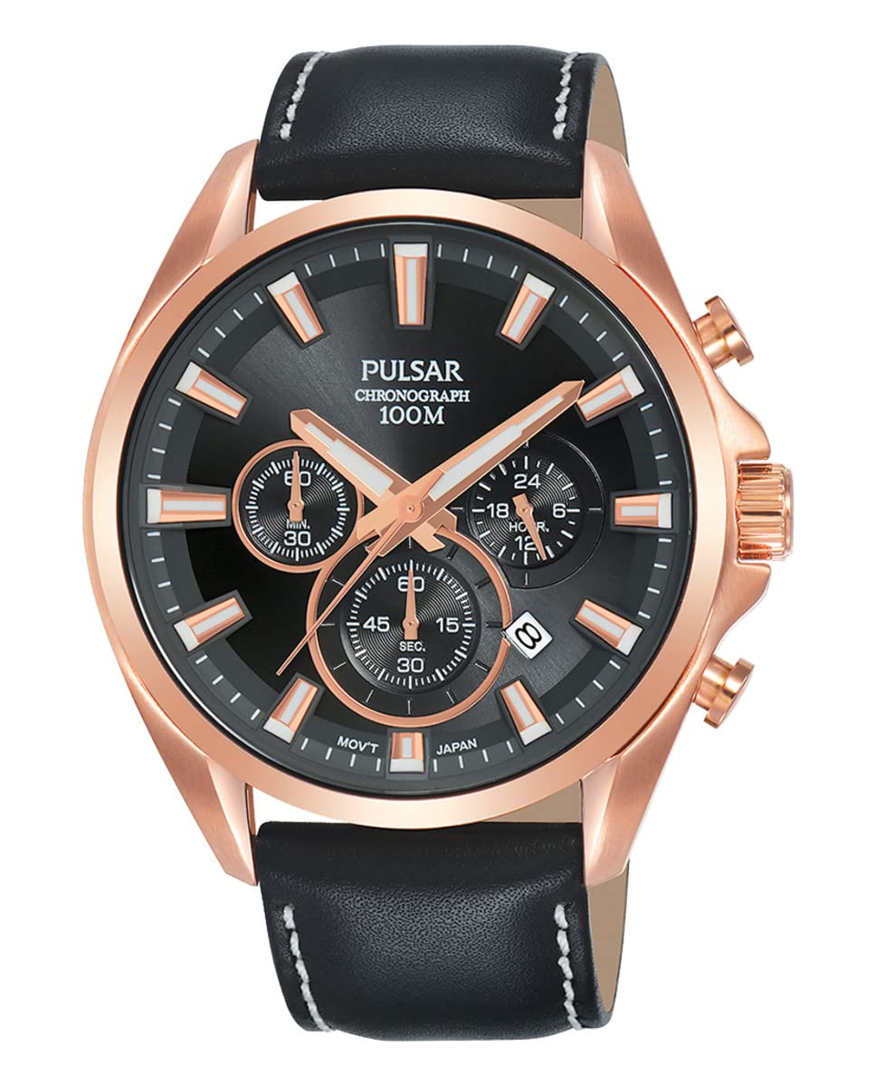 Seiko UK Limited - EU Men's Analogue Japanese Quartz Pulsar Chronograph Sports Casual Dress Watch with Leather Strap with Genuine Leather Strap PT3A28X1, Rose Gold and Grey, strap