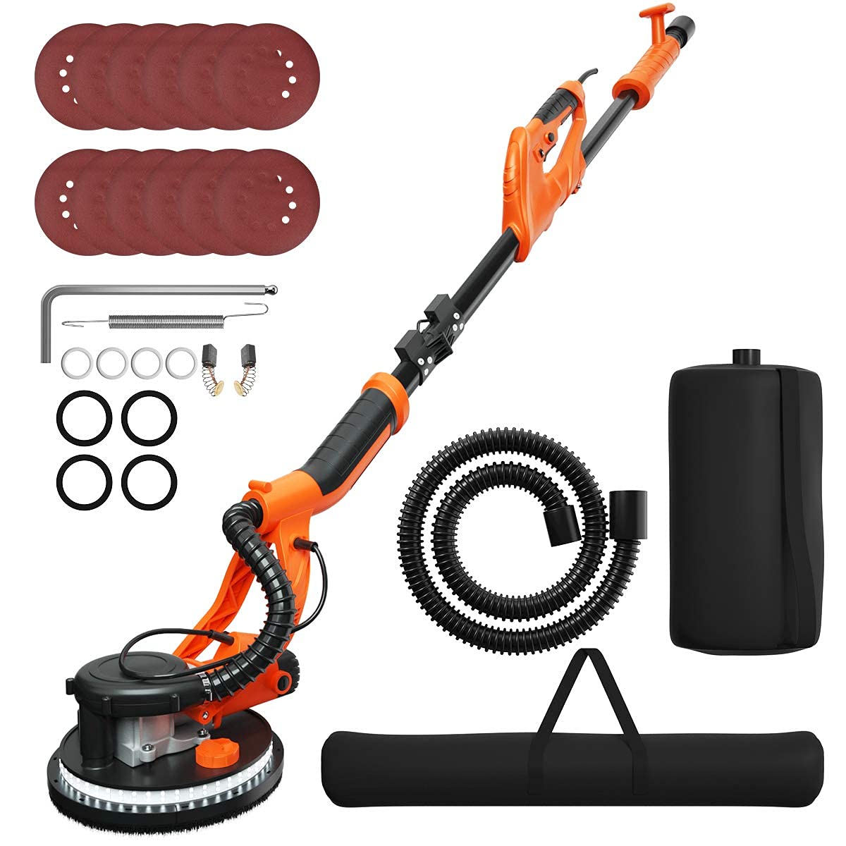 COSTWAY Lijadora de Techo Electrica de Pared, Lijadora Profesional Ø225mm/800-1750 RPM/ 750W /12 Discos de Lijado y LED, Naranja + Negro