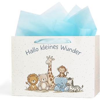 Gift Bag Baby Birth Gift Bag with Animal Motif Includes 2 Tissue Paper for Baby Shower Christening Gifts for Birth Hello Little Miracle Gift Wrapping Paper Bags with Handle