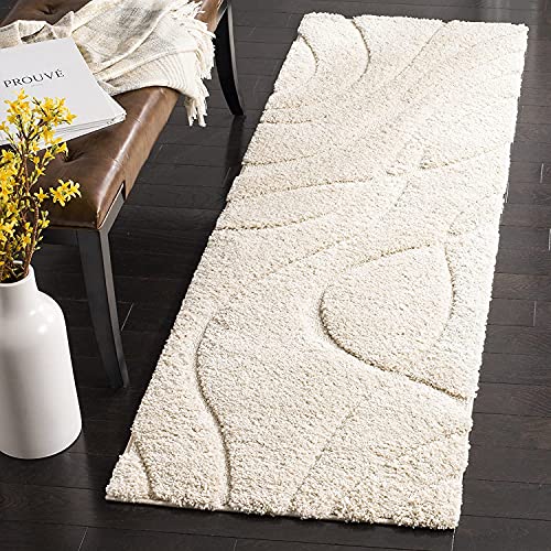 Image of Geometric Wave Shaggy Carpet for Living Room, Bedroom, High Low Design Finish Microfiber 1.8 Inch Pile High, 2x8 Feet Runner Ivory|Ivory Color
