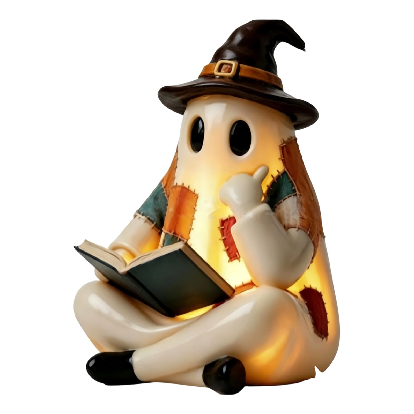 DSLKGWE Lighted Vintage Patchwork-Ghost, Resin Ghost-Pumpkin Decoration Light-up Vintage Patchwork Ghosts-Figurine Cute Halloween Reading Figurine Decoration for Home Tabletop Decor