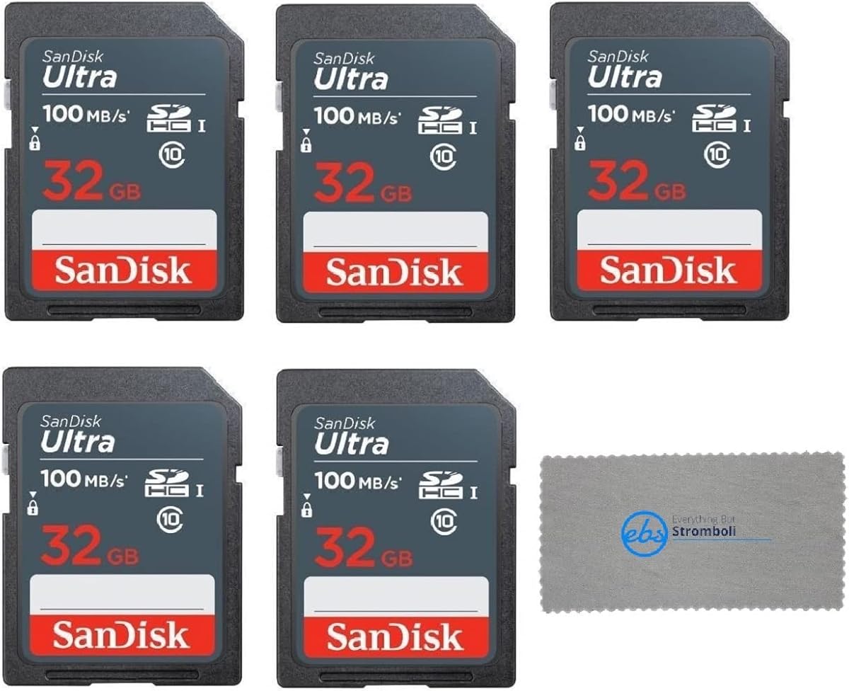 SanDisk 32GB Ultra SD Memory Card (5 Pack) SDHC UHS-I Card Class 10 (SDSDUNR-032G-GN3IN) Bundle with 1 Everything But Stromboli Microfiber Cloth : Electronics