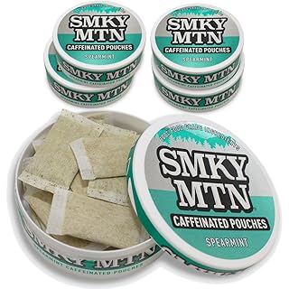 Smokey Mountain Caffeinated Pouches - Spearmint - Tobacco Free and Nicotine Free - 5 Can Box - 15 Pouches Per Can