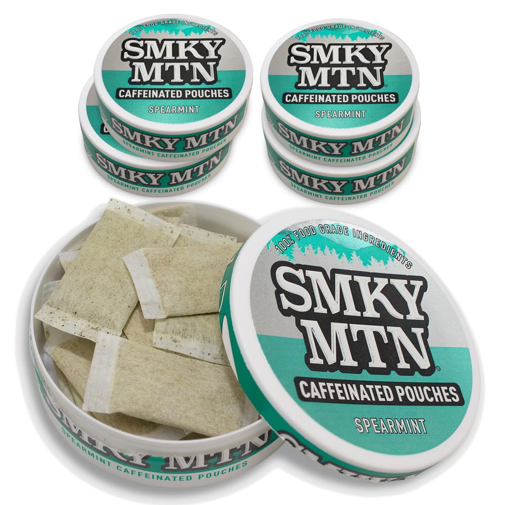 Smokey Mountain Caffeinated Pouches - Spearmint - Tobacco Free and Nicotine Free - 5 Can Box - 15 Pouches Per Can