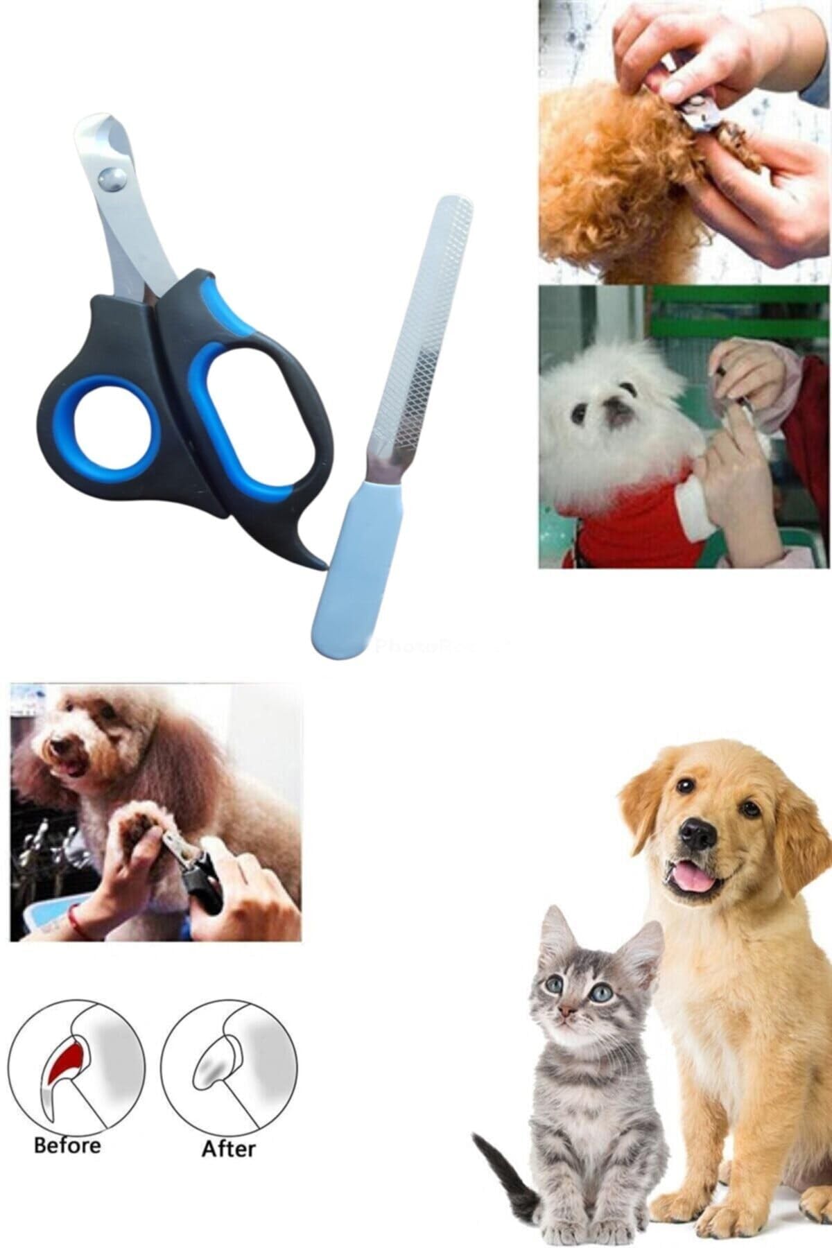Kedi ve Köpek Törpülü Tırnak Makası Seti, 2 ın 1 Kolay Bakım Seti, Renkli