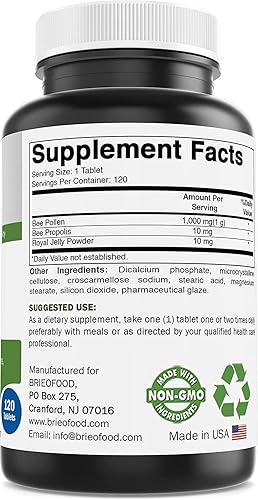 Miniatura 2 de Brieofood Complejo de polen de abeja de 1000 mg 120 comprimidos - Hecho con polen de abeja, propóleo de abeja y gelatina real en polvo
