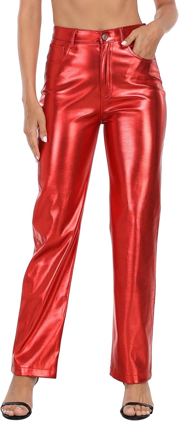 HDE Women's Shiny Metallic Faux Leather Pants High Waisted Straight Leg Trousers