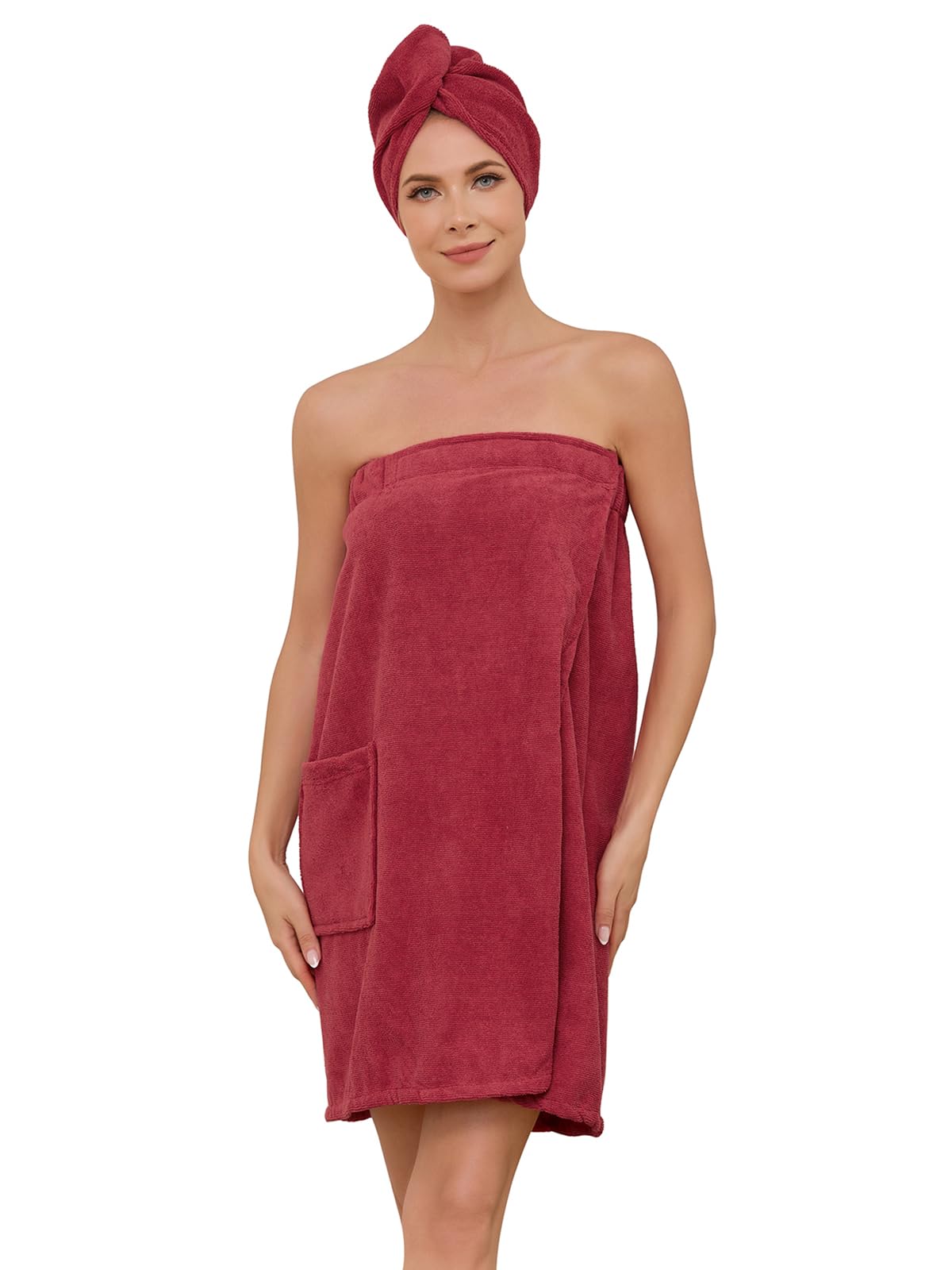 Air Curvey Soft Wrap Towel for Women Lightweight Spa Body Wrap Shower Wrap Robe Adjustable Closure Bathrobe with Pocket Wine Red XL