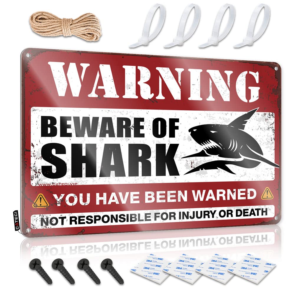 IBWNBBUSN Gaming Metal Tin Decor Beware Of Shark Sign Man Cave Signs And Decor Cave Man Bar(30X40CM)