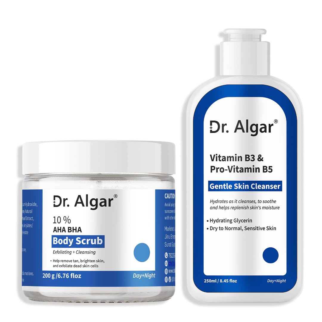 Dr. Algar Vitamin B3 & Pro-Vitamin B5 Gentle Skin Cleanser with 10% AHA BHA Body Scrub Set, 250ml + 200g, Day+Night, Hydrating, for Dry to Normal Sensitive Skin-image-28