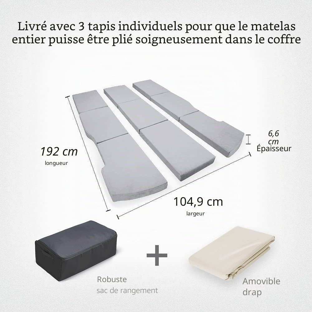 TESCAMP Matelas de camping lit double en mousse à mémoire de forme CertiPUR portable, pliable, gain de place idéal pour la voiture avec sac de rangement et drap housse fournis pour Tesla modèle Y/3