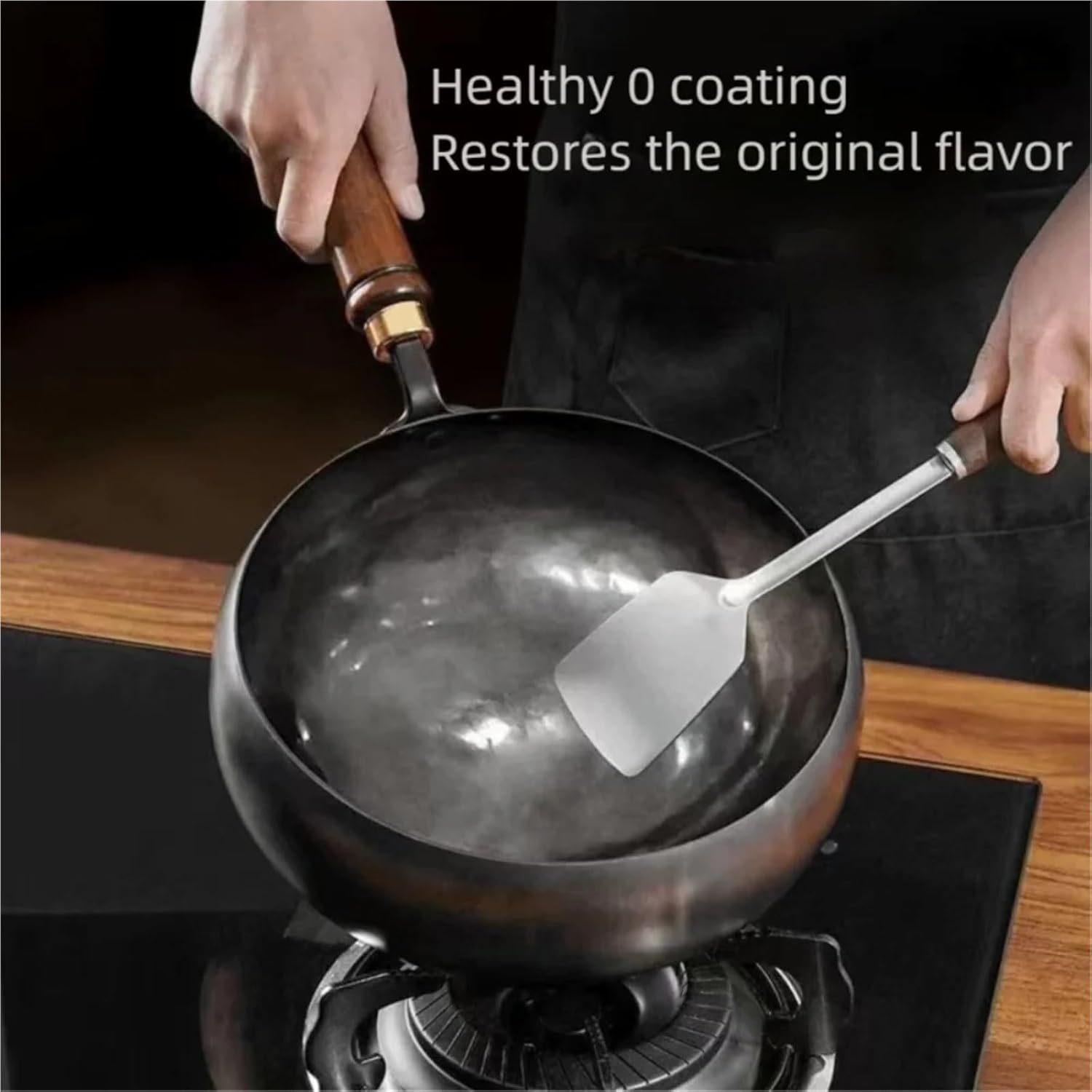 Uncoated Iron Pan Hand Forging Cast Iron Pot with Wooden Lid Uncoated Big Belly Skillet NonStick for Induction Cooker Gas(Diameter 28cm)