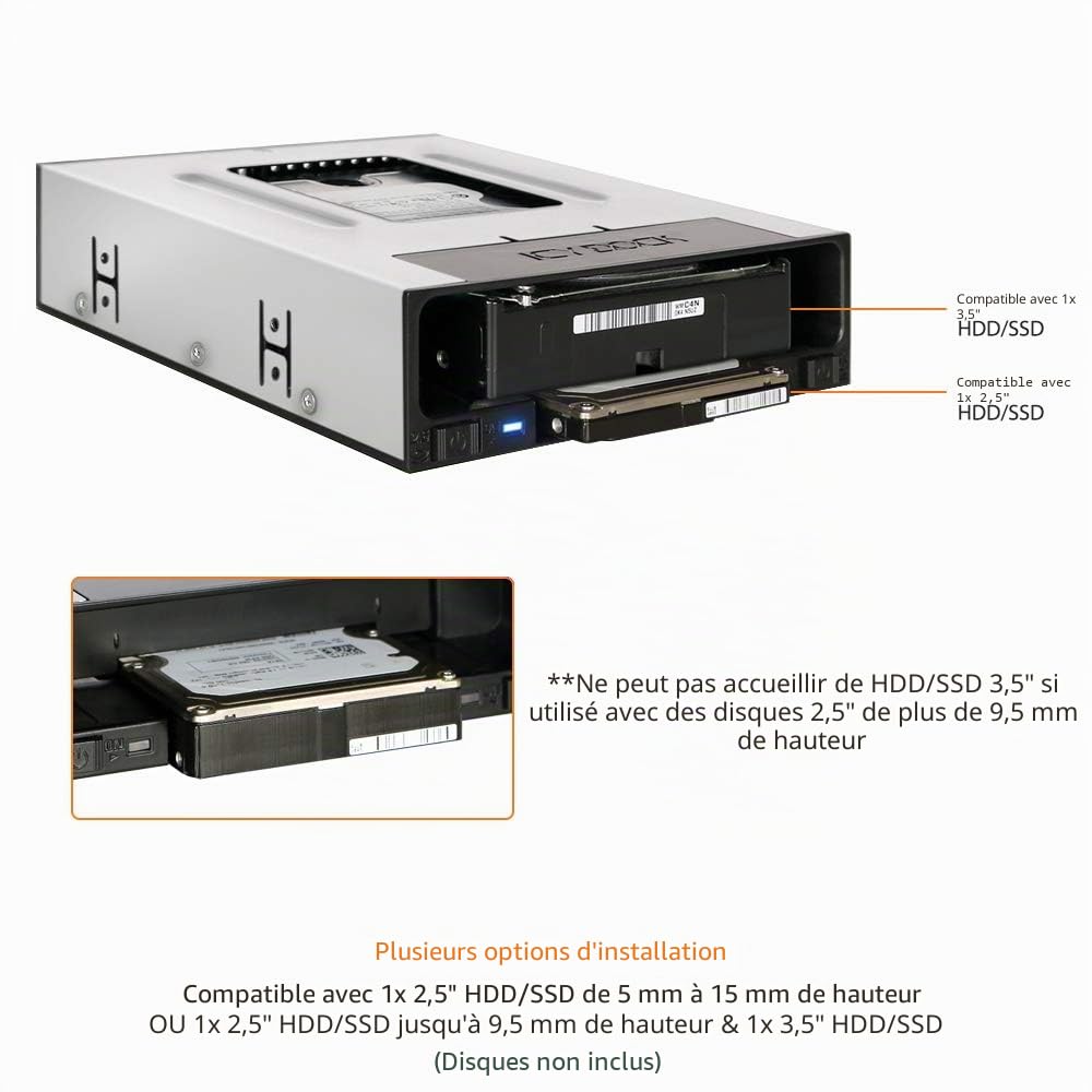 ICY DOCK Station d'accueil Rack Hot swappour 1 SSD / HDD 2,5" SATA et 1 Disque Dur HDD 3,5" SATA /SAS sans Plateau pour Baie de 5,25" - flexiDOCK MB795SP-B