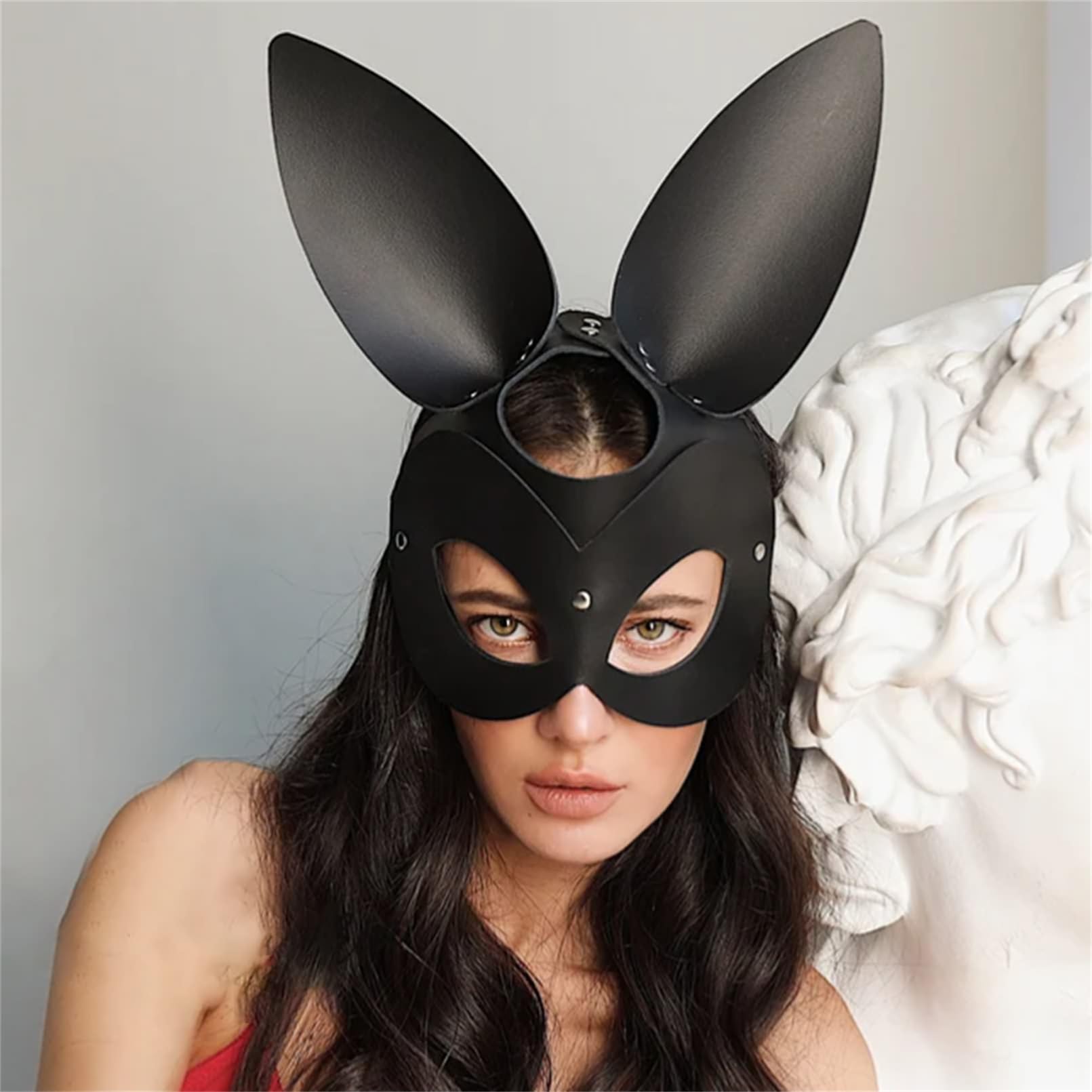 FOCICE Leather Bunny Mask with Ears Half Face Mask for Adults Cosplay Halloween Party Carnival Costume Accessory - Image 4