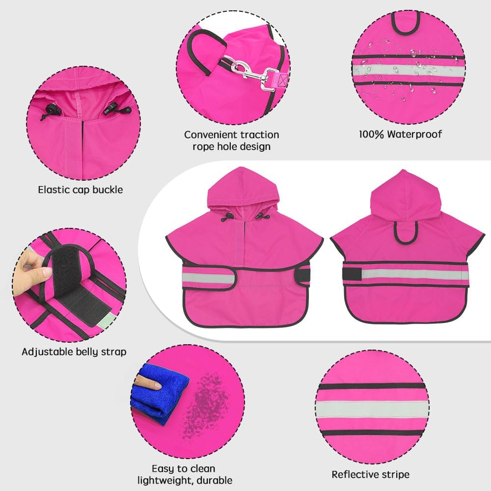Candofly Reflective Dog Raincoat - Waterproof Dog Rain Jacket with Leash Hole, Hooded Dogs Ponch Slicker for Large Dogs (Pink, X-Large)