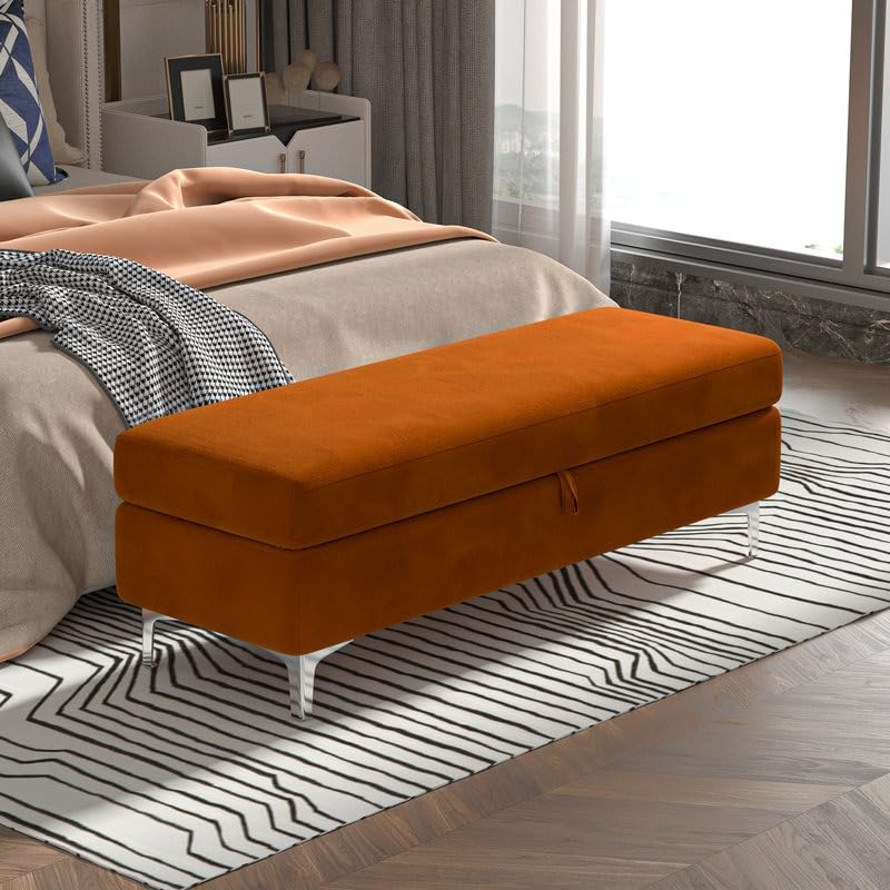 Image of Velvet Storage Ottoman Bench | Upholstered 2 Seater Bench with Hidden Storage | Modern End of Bed Bench for Bedroom Living Room Entryway | Lounge Footrest Seat with Metal Legs | Orange