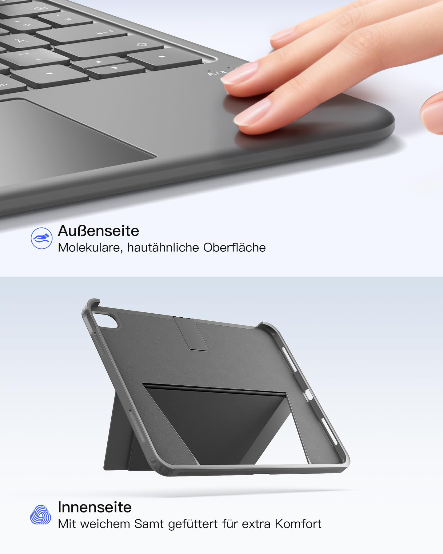 Inateck Hülle mit Tastatur für iPad 11 A16 2025 11 Zoll, iPad 10. Gen 2022 10,9 Zoll, 5,1" Vollflächen-Touchpad,Vertikaler/Horizontaler Ständer,Abnehmbar,mit Stifthalter,QWERTZ,Schwarz,AceTouch Pro