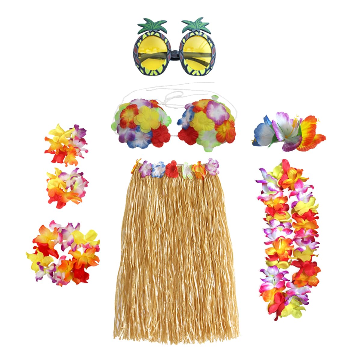 Namvo 8pcs Hula Skirt Costume Hawaiian Leis Dancer Dress Set including Flower Bikini Top
