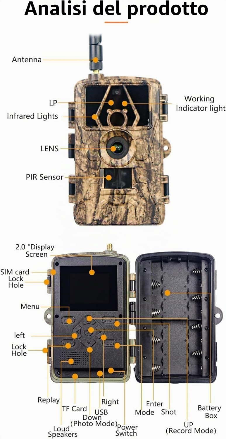 4G Profi-Wildkamera 60MP 8K con scheda di memoria da 32 GB e SIM Card 4G, Top rilevamento del movimento, flash invisibile per visione notturna, trasmissione tramite app fototrappola