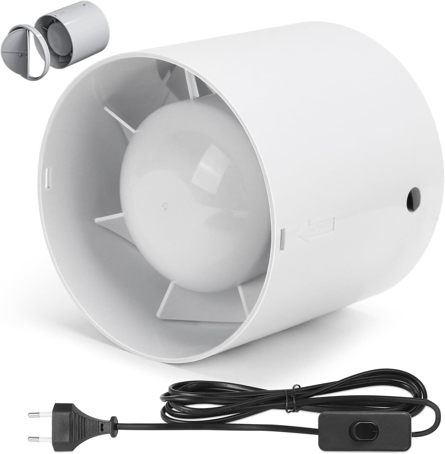 XIIW Inline Extractor Fan 100mm/4 Inch with 3M Cable, 130 m³/h 2200RPM Silent Duct Ventilation Fan with Backflow Flap for Bathroom, Office, Kitchen, Grow Room, Tent (UK Plug)