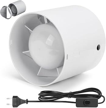 Duct Pipe Fan Inline Extractor Fan 100 mm 130 m ³ / h 3 m Cable with Switch Button Quiet Smoke Extractor Pipe Fan Bathroom Fan for Bathroom Toilet Kitchen Greenhouse Tent Garage Attics
