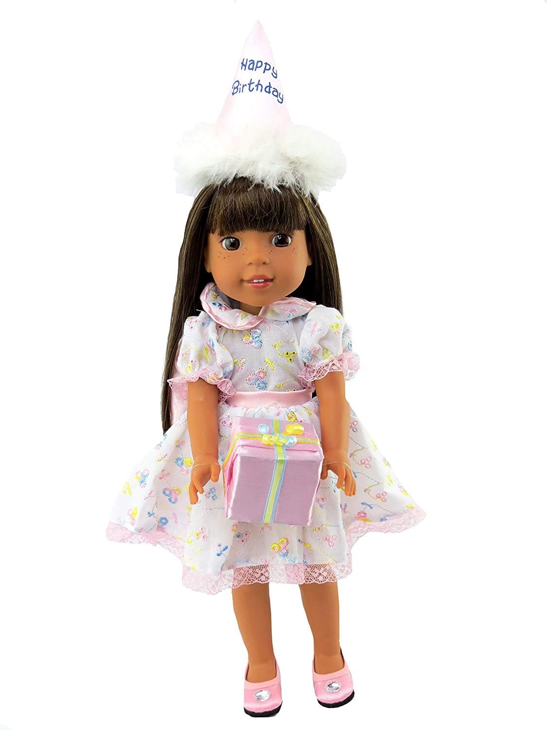 Birthday Outfit with Hat, Dress, and Present fits 14 Inch Doll