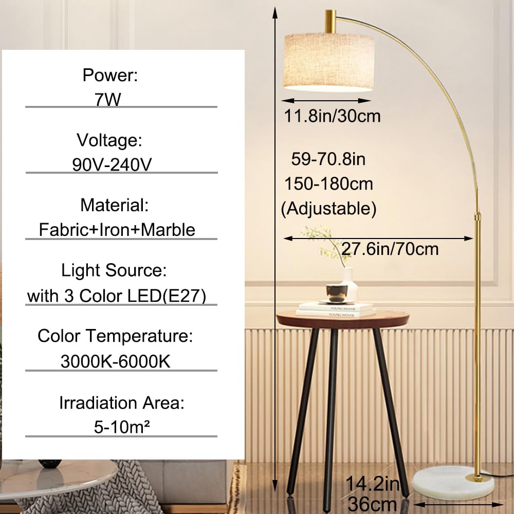 Lampada terra ad arco nordico paralume in tessuto luce regolabile attacco in marmo, lampada verticale lampada soggiorno palo alto per la lettura sul comodino Vintage Piantana (LED incluso)