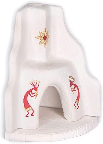 Incienso de Santa Fe - Chimenea de esquina blanca estilo suroeste con Kokopelli pintado a mano en rojo español con detalles dorados, quemador de