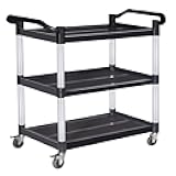 Plastic Utility Cart with Wheels Lockable, Heavy Duty Restaurant Cart, Service Cart for/Home/Office/Warehouse/Kitchen/Workshop,390 Lbs,2 Handles, Black.