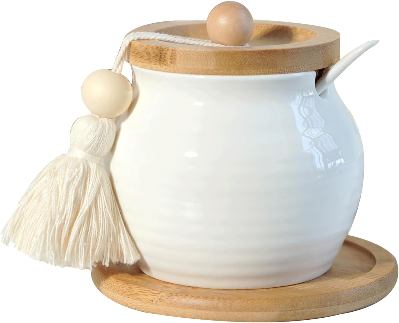 Sugar Bowl with Lid and Spoon,White Ceramic Sugar Container With Bamboo Lid and Tray,Dia 3.4'' H 4''|12oz