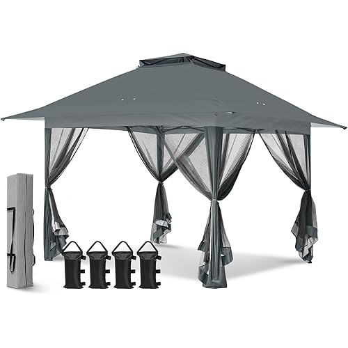 EAGLE PEAK 13x13 Pop Up Gazebo with Mesh Netting, Easy Up Screened Canopy for Patio and Backyard, Easy Set up Outdoor Gazebo (Gray)