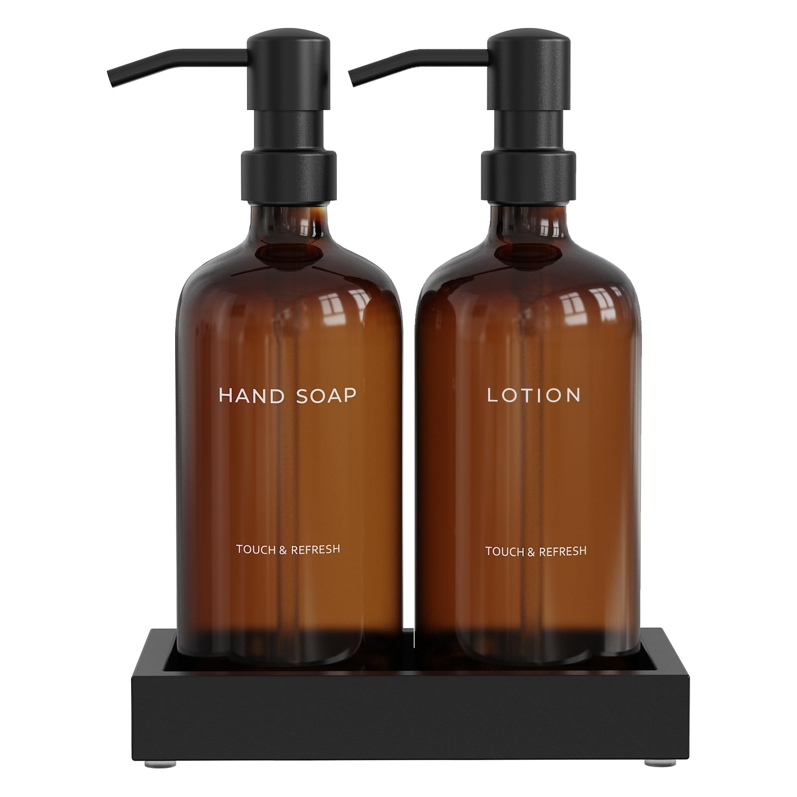 Soap Dispenser Bathroom Set - Hand Soap and Lotion Dispenser Set with Tray, Modern Bathroom Decor & Accessories. (Amber)