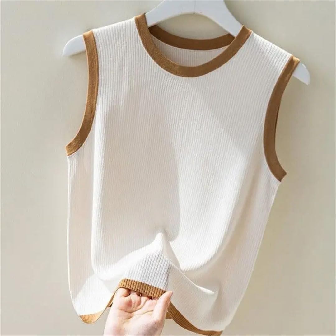 Women Summer Knitted Tank Top Solid Basic Crew Neck Contrast Color Fashion Sleeveless Vest