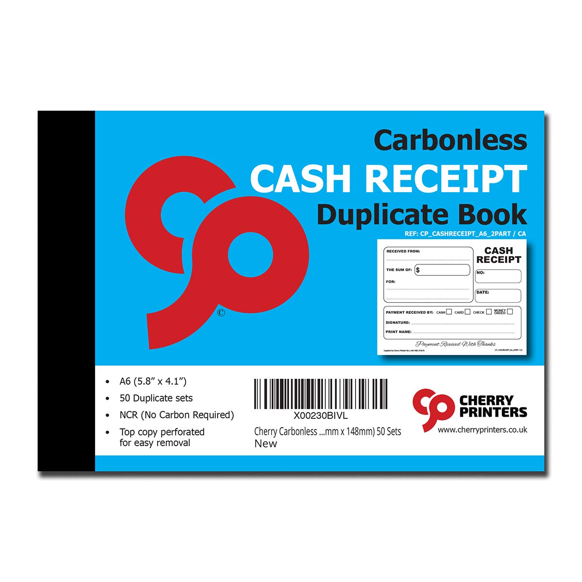 Cherry Carbonless Cash Receipt Book, 2-Part, with Loose-Leaf Writing Shield, A6 (4.1 x 5.8 Inches) 50 Sets, Unnumbered