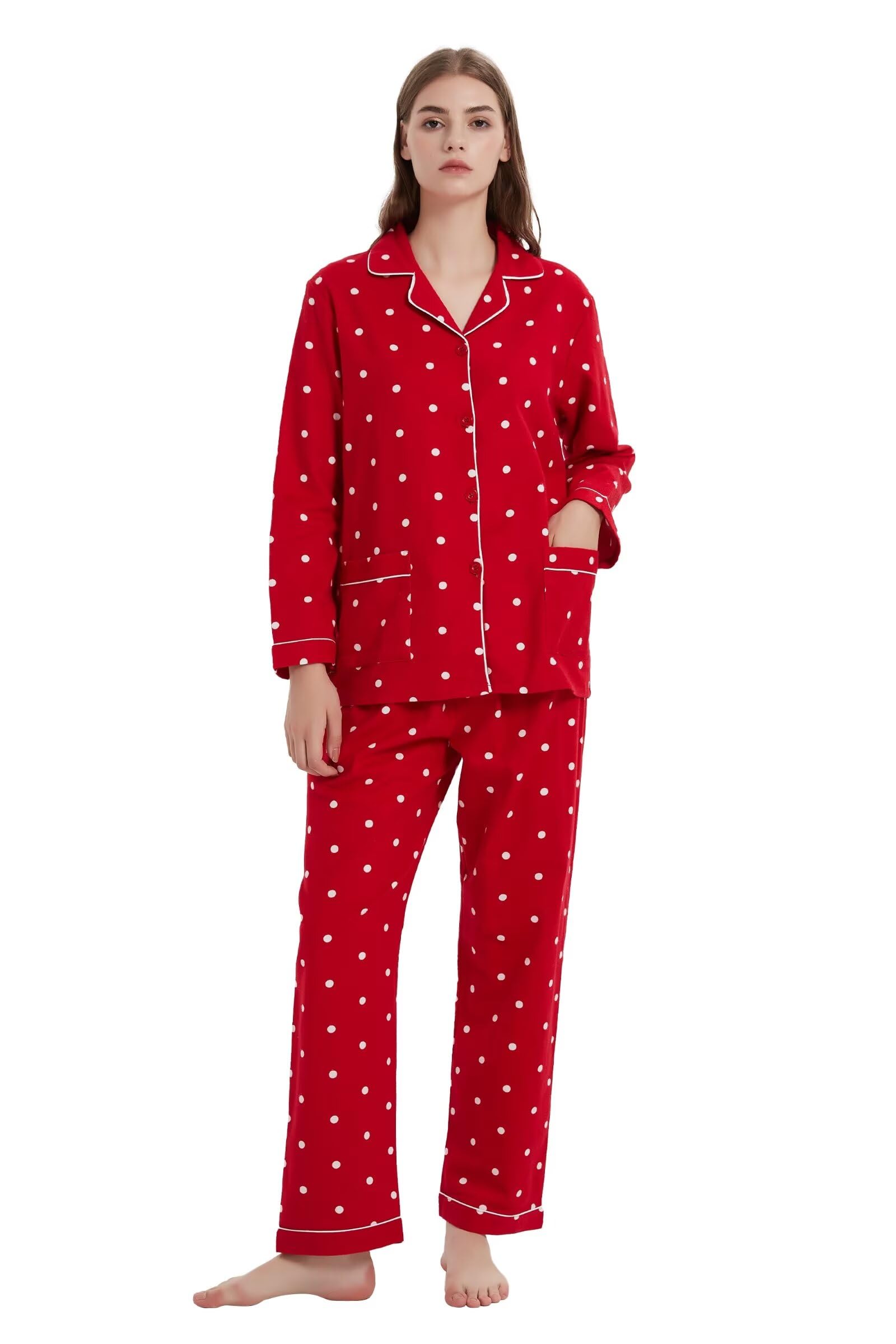 GLOBAL Women's Flannel Pajamas Set 100% Cotton PJs for Women Long Sleeve Button Drawstring Waist Warm Loungewear Sleepwear