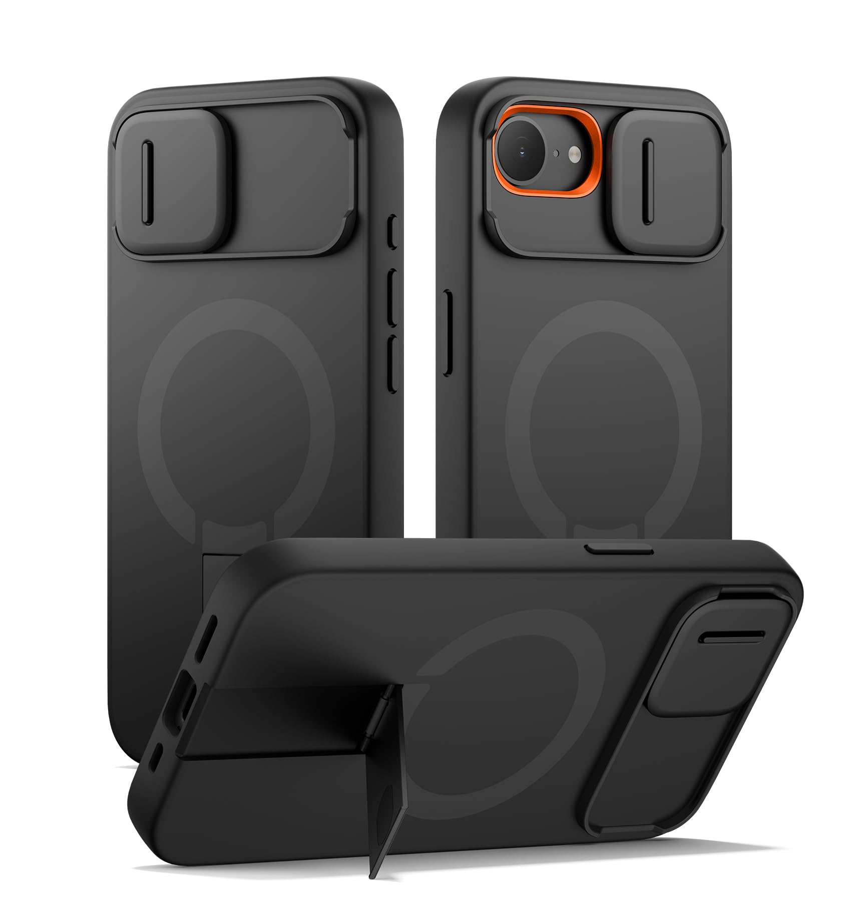 SURITCH Funda Magnética Compatible con iPhone 16e/17e, Carcasa de amortiguación a Prueba Protectora con Tapa de cámara Deslizante y Soporte Ajustable(Negro)