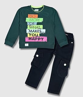WORTON FASHION Boys Botlle Green “Do More What Makes You Happy” Printed T-Shirt & FULL Denim Jeans Set Price In India
