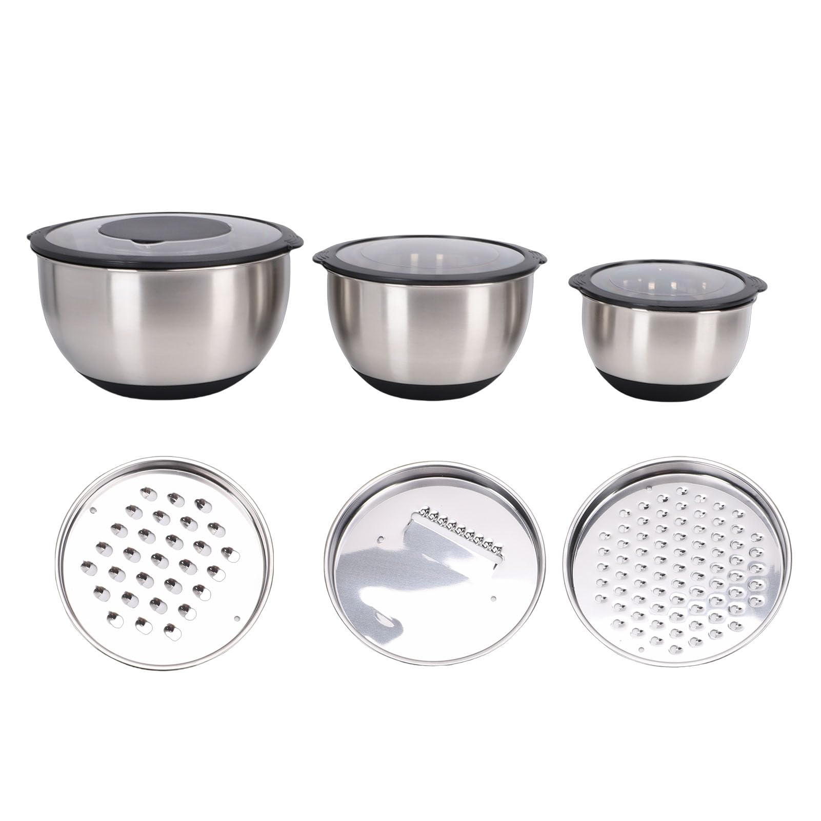3-teiliges Rührschüssel-Set, 1,5 2,5 4, Edelstahlschüsseln, Küchenschüsseln mit Luftdichten Deckeln und 3 Reibenaufsätzen, Rutschfeste Silikonböden