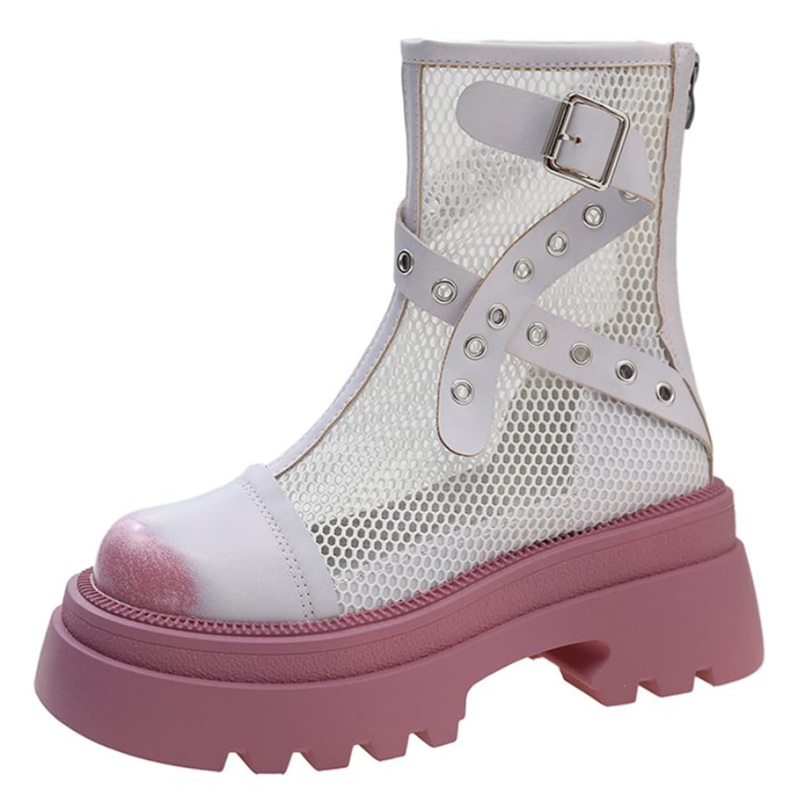 Womens Summer Mesh Platform Ankle Boots With Back Zipper Fashion Leather Buckle Decor Round Toe Chunky Heel Lug