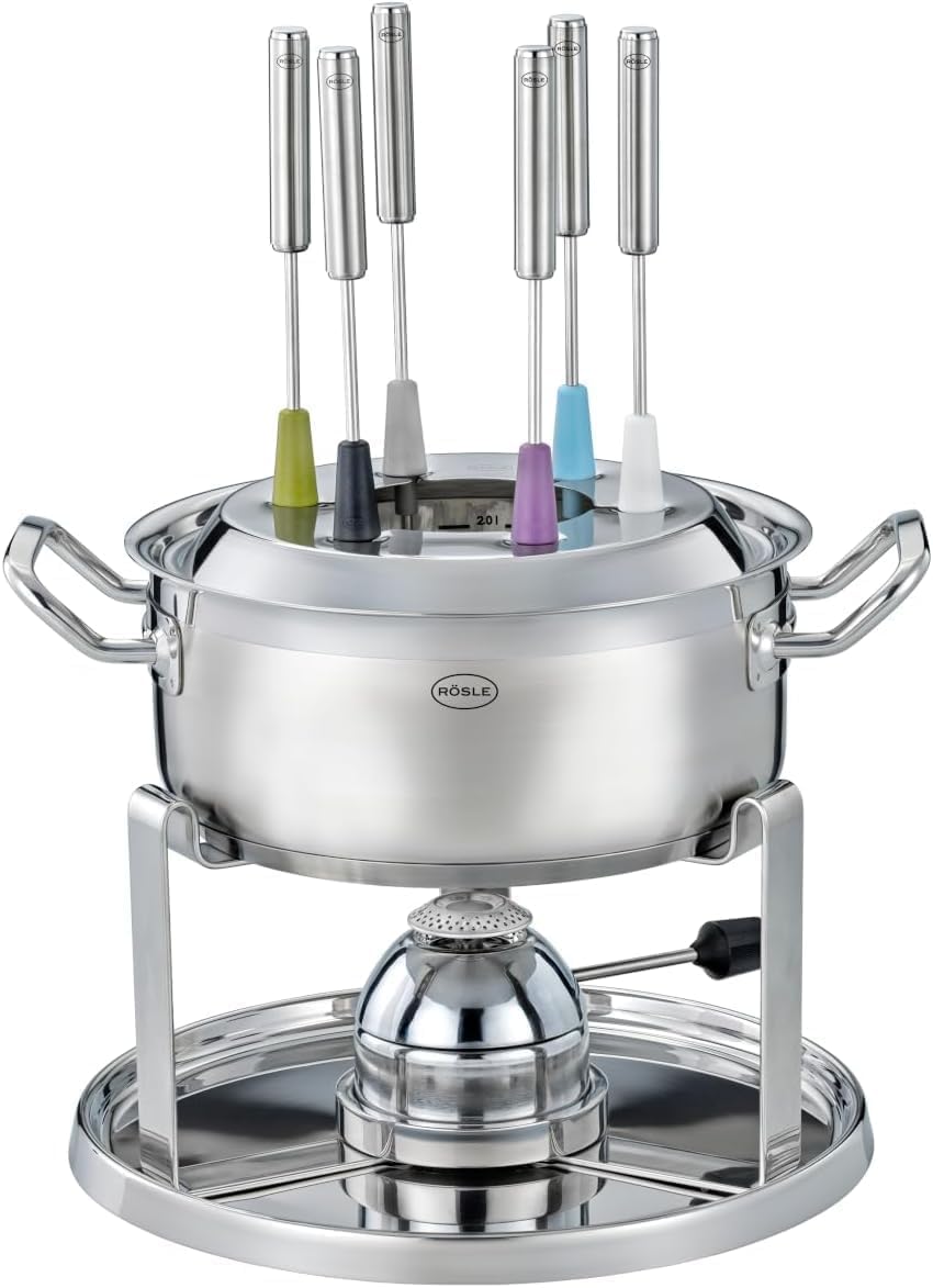 RÖSLE Set de Fondue pour 6 Personnes – Chaudron à Fondue en Acier Inoxydable de 20 cm avec Couvercle en Verre, brûleur à gaz 1000W, réchaud Pliable et Accessoires pour Fondue, Parfait pour Fondue au