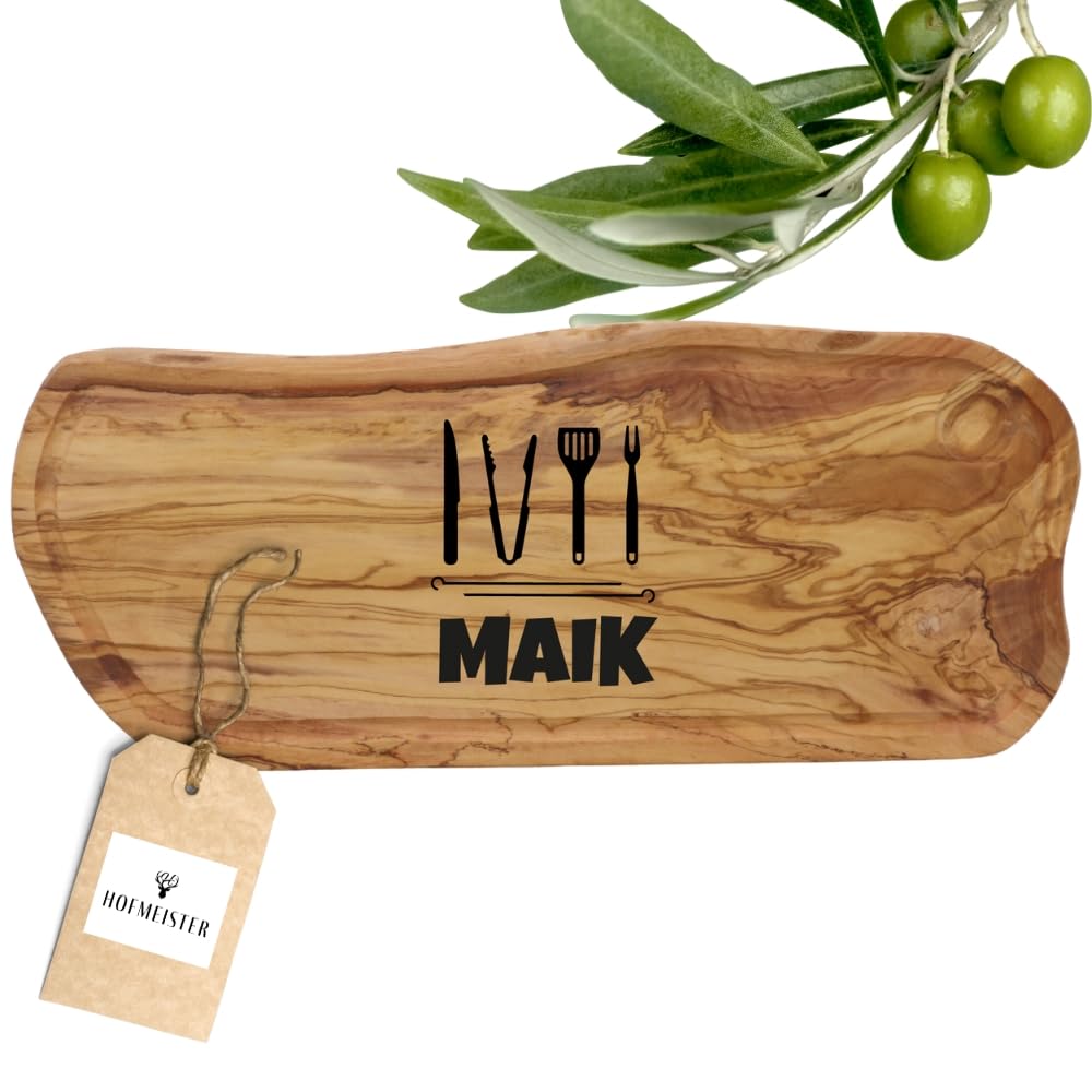 HOFMEISTER® Schneidebrett Olivenholz personalisiert Gravur - Olivenholzbrett Naturschnitt Servierbrett Holzbrett mit Saftrille - Geschenk Hochzeit Einweihung Einzug - Holz, 50 cm