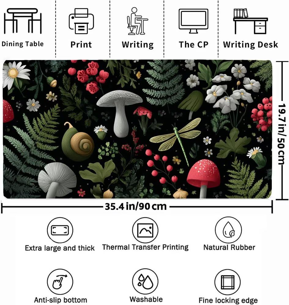 Podkładka pod mysz XXL 900 x 500 x 3 mm, ważka duża podkładka pod mysz dla graczy, grzybowa podkładka pod mysz z antypoślizgową gumową podstawą, mata na biurko do gier. Idealny prezent dla mężczyzn
