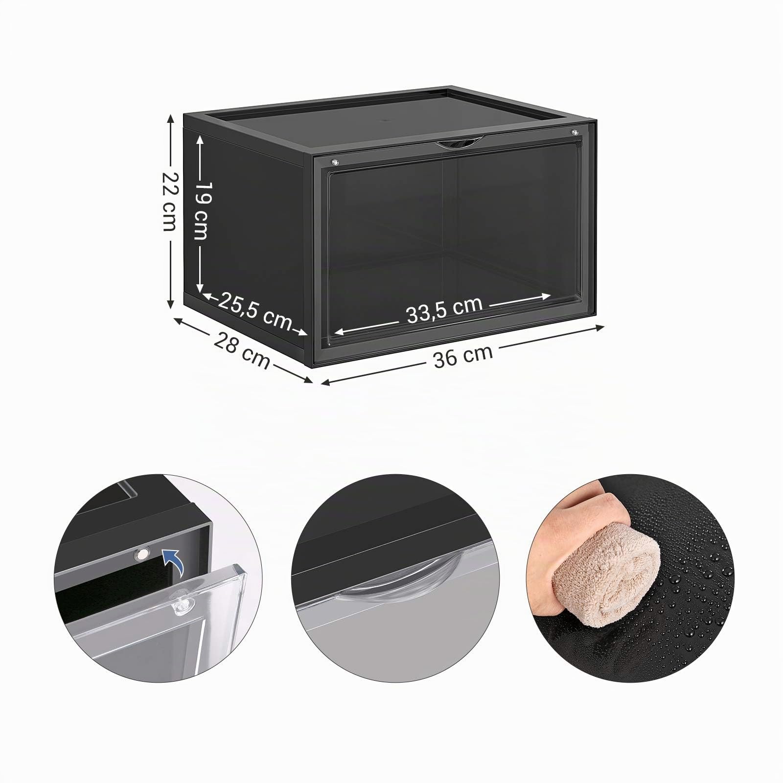 SONGMICS Cajas de Zapatos, Juego de 6, Organizadores de Zapatos Apilables con Puerta, Zapatero de Plástico, hasta Talla 46, 28 x 36 x 22 cm, Negro LSP06CB