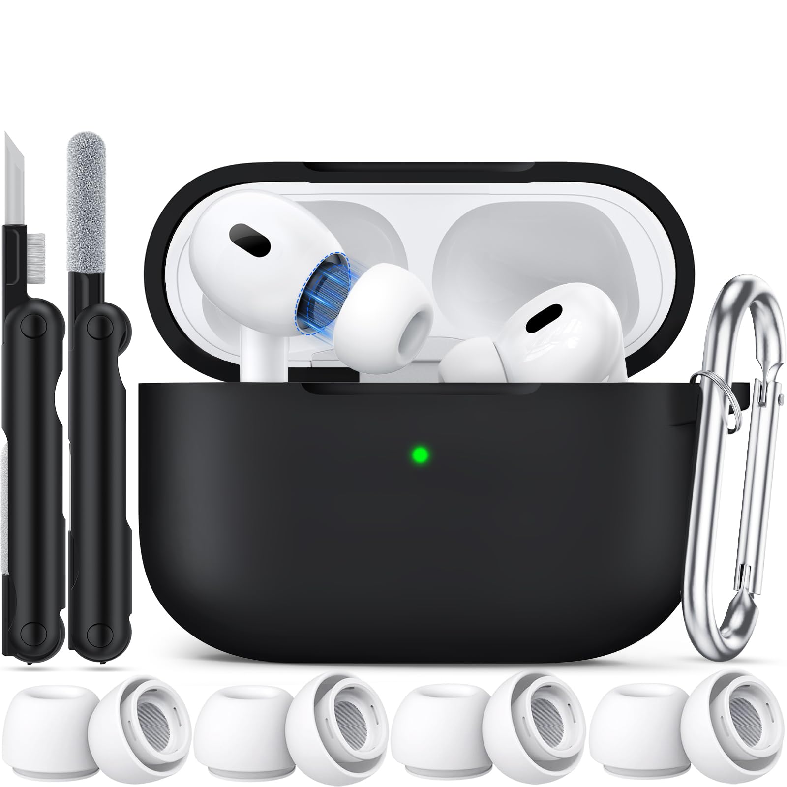 Joremx Kompatibel mit AirPods Pro 2 hülle (2022),Silikon Case für AirPods Pro 2 (2019) (USB-C/Lightning-Anschluss 2023), Mit Ohrstöpseln(Größe 4. XS/S/M/L) und Reinigungsset–schwarz