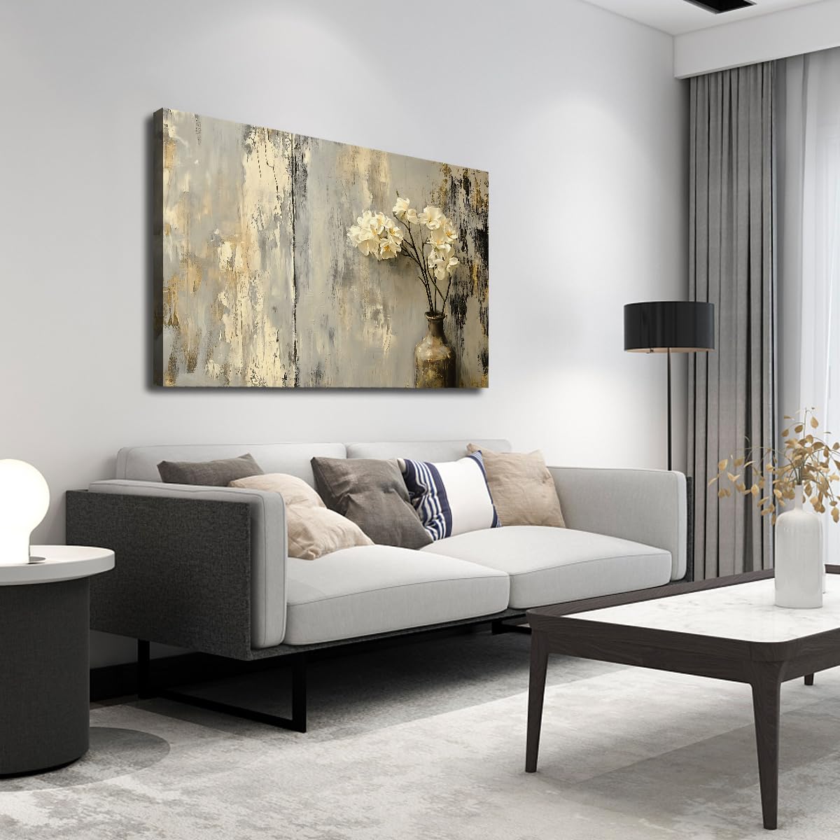 CHERHERART Láminas de oro elegantes en flor blanca Fotos de cartel moderno abstracto floral Arte mural neutro de lujo para el salón Dormitorio 70x100cm Estructura interior