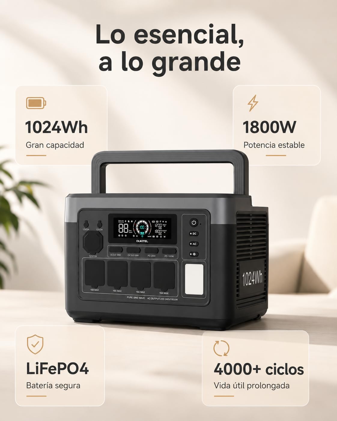 Oukitel P1000PLUS Estación de Energía Portátil 1024Wh 1800W, Batería LiFePO4, Energía de Respaldo para Hogar, SAI 10ms, Control por App, para Autocaravana y Camping