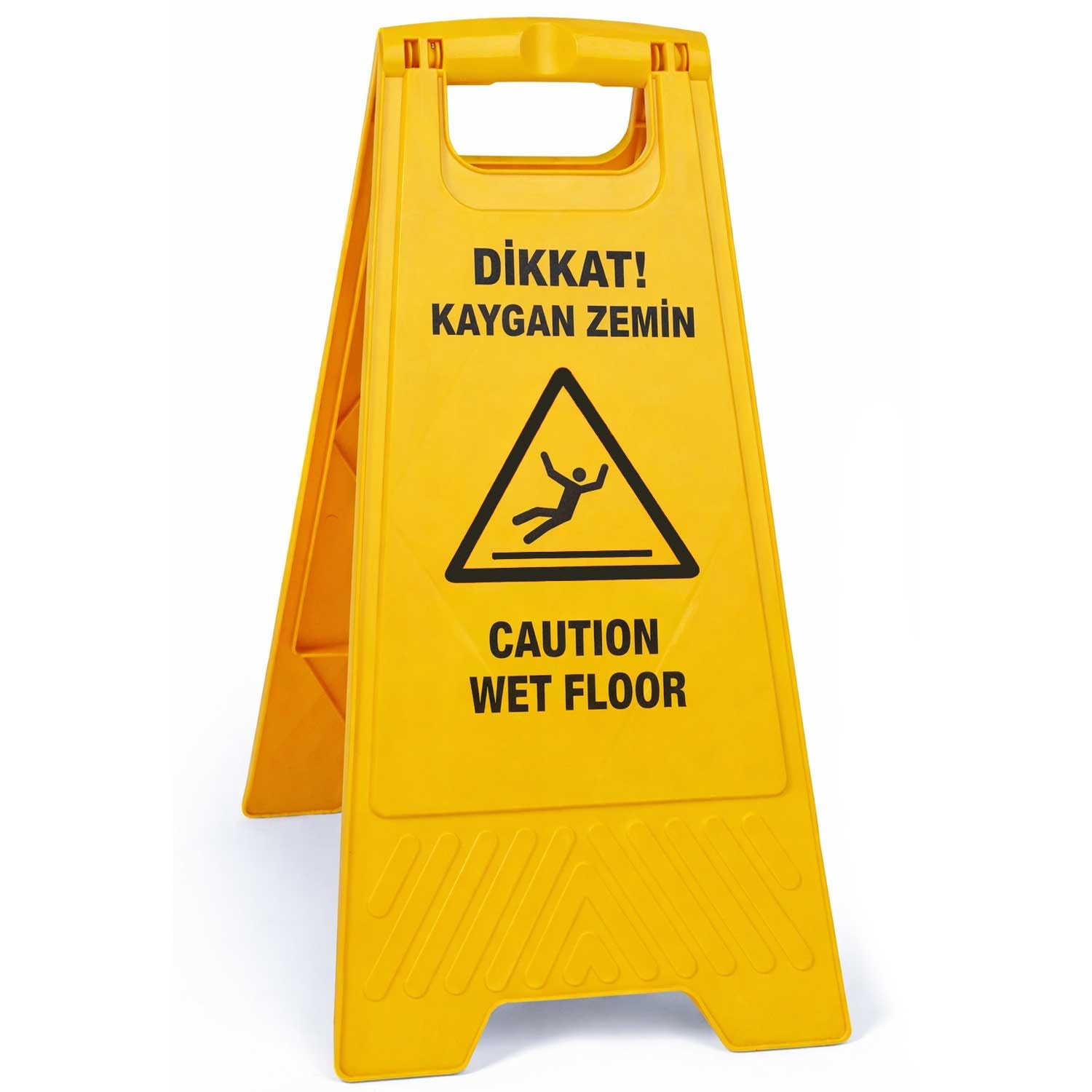 ÜÇTEM Kaygan Zemin Uyarı Levhası Türkçe + İngilizce | Katlanabilir Islak Zemin İkaz Tabelası | Wet Floor Caution Sign | Otel, Hastane, AVM ve Ofis Kullanımı