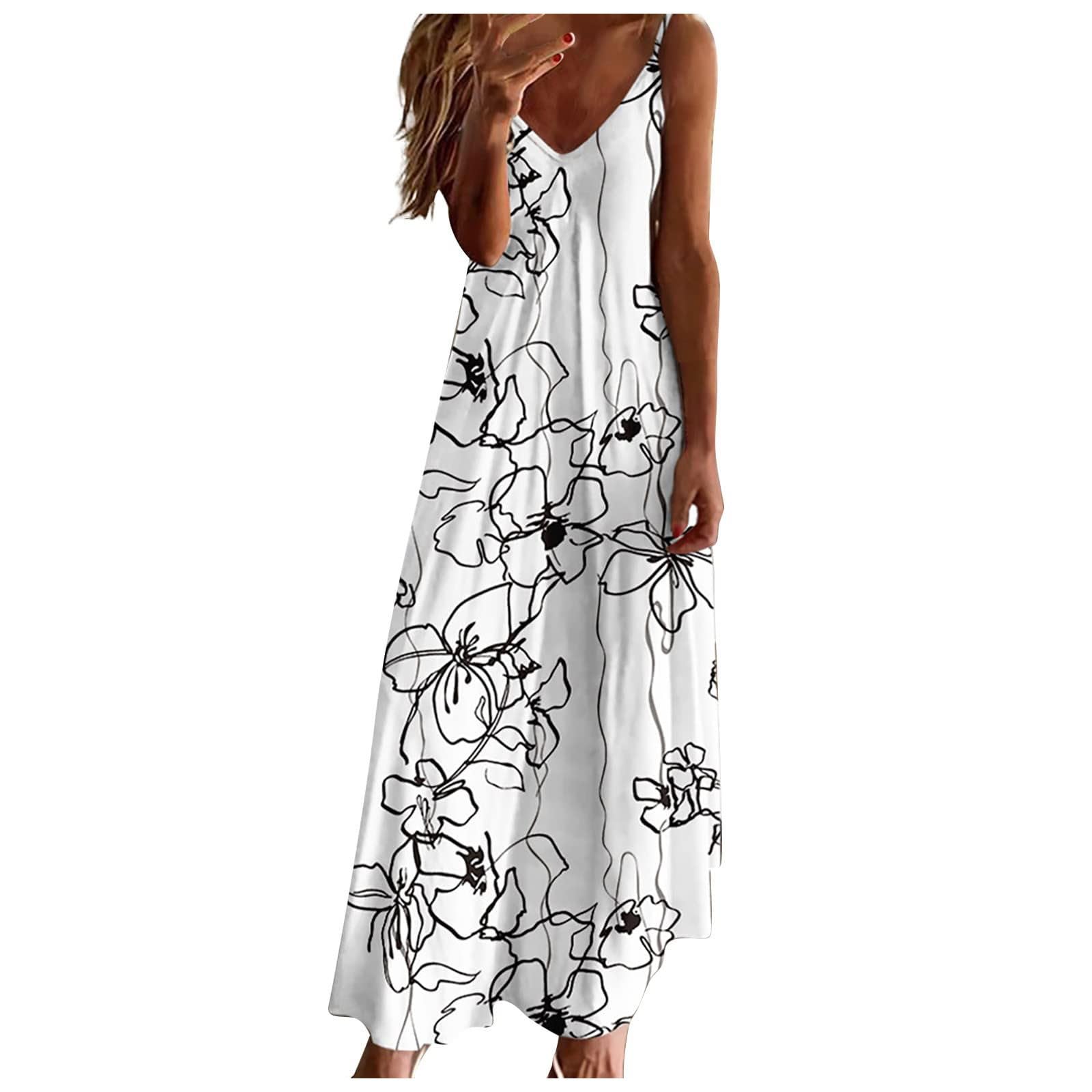 Dresses for Women Casual Summer V-Neck Maxi Dress Bohemian Floral Long Beach, Sky