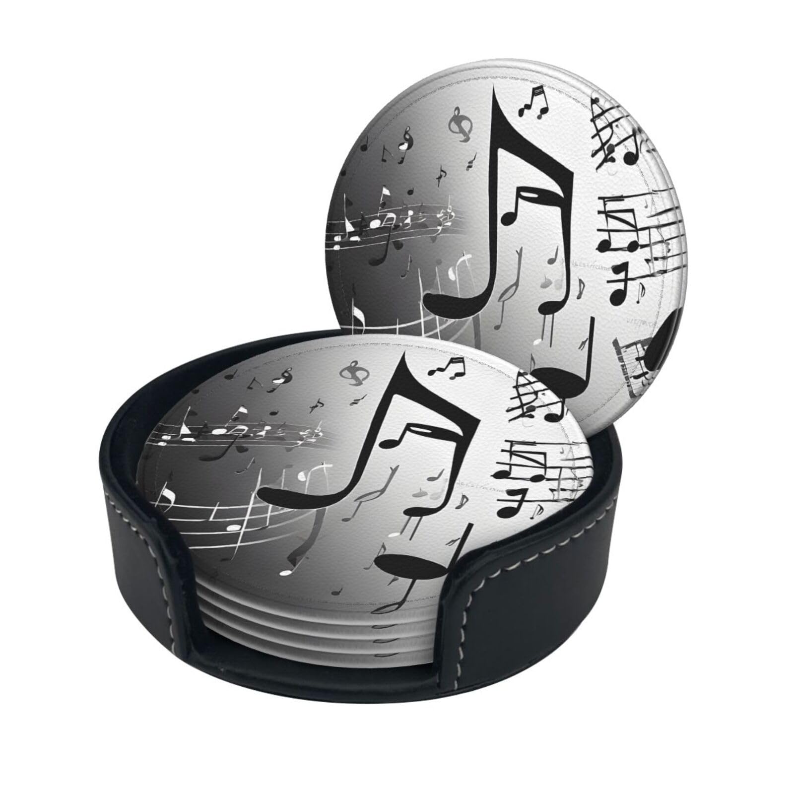 Music Notes Printed Print Coaster,Round Leather Coasters with Storage Box for Wine Mugs,Cold Drinks and Cups Tabletop Protection (6 Piece)