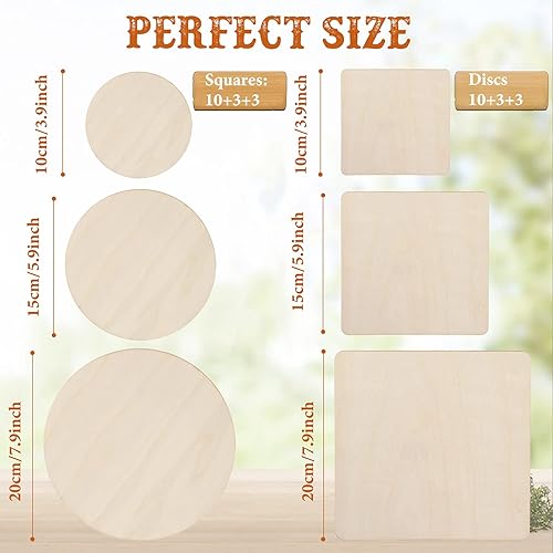 Miniatura 3 de 32 piezas de madera en blanco sin terminar cuadrados de madera para manualidades, recortes de madera natural, azulejos redondos de madera, discos de
